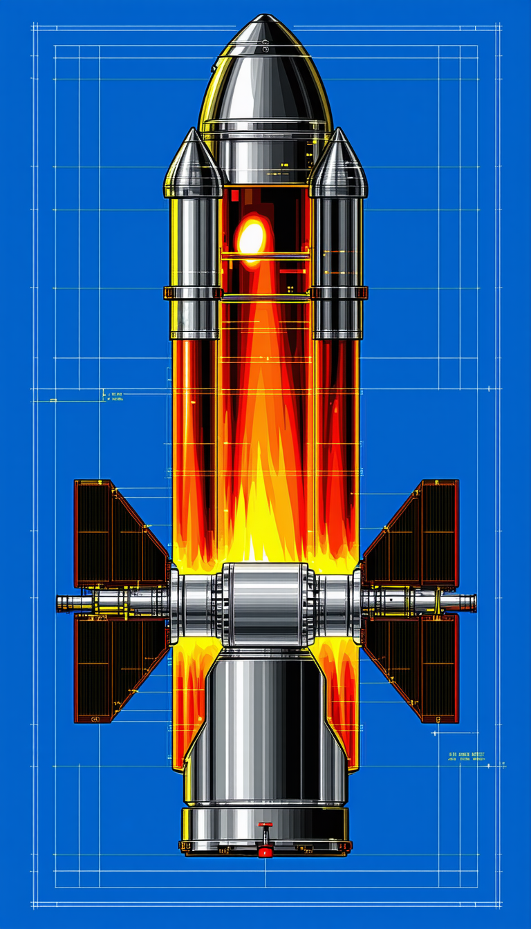 A Rocket Is Shown In A Blue Background, With A Red Flame Coming Out Of The Bottom