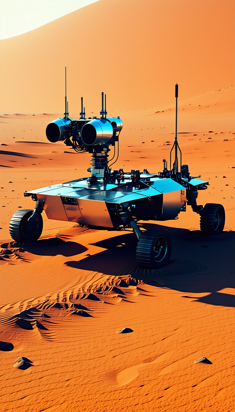 A Large Robotic Vehicle With A Metallic Appearance, Sitting On A Sandy Surface