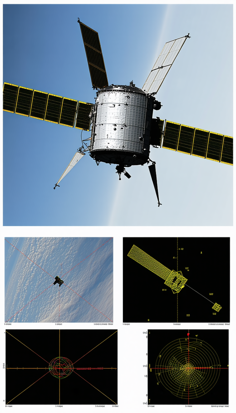 A Space Shuttle Flying Through The Sky, With A Satellite In The Background