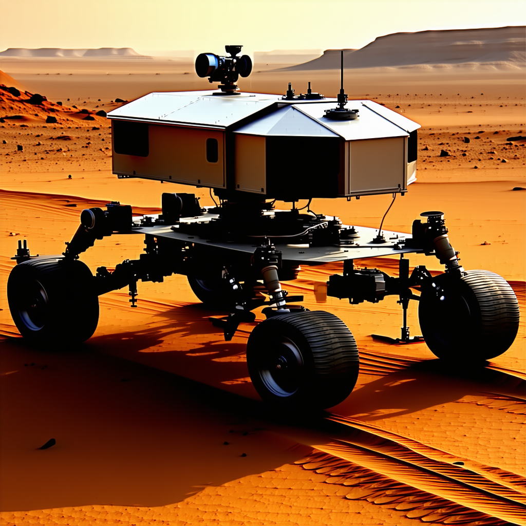 A Large Robotic Vehicle, Possibly A Rover, Driving Across A Sandy Terrain