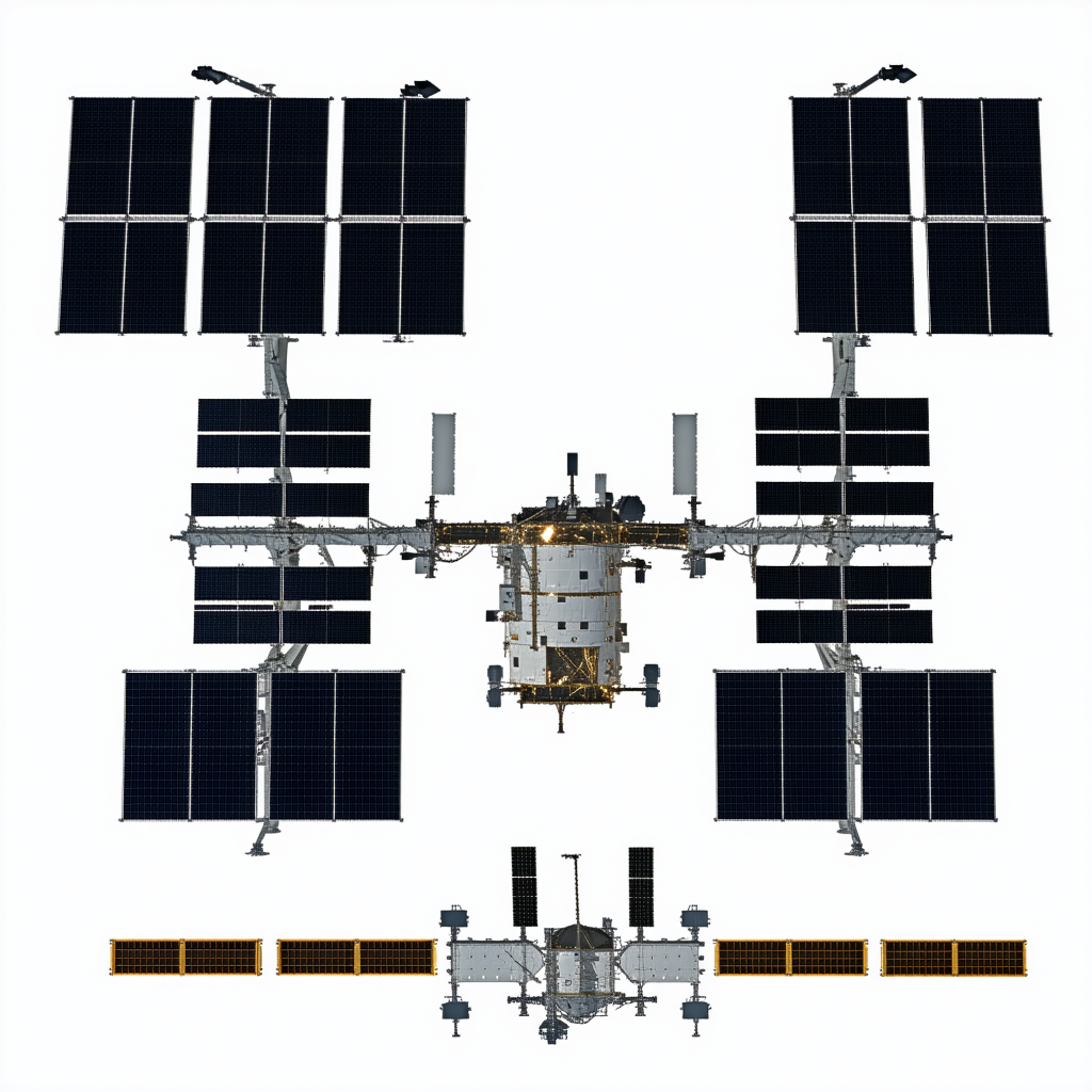 The Image Is A White Background With A Space Shuttle And A Space Station In The Foreground