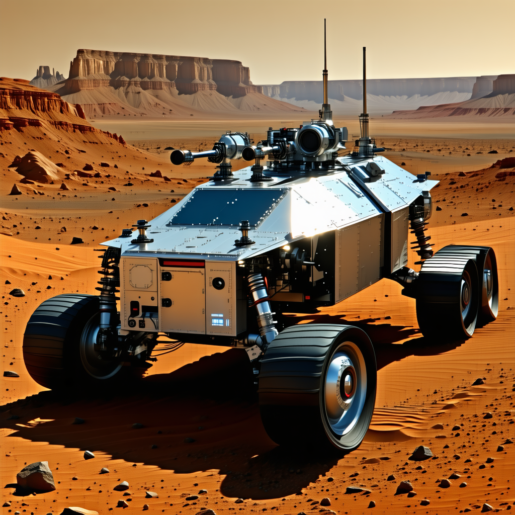 A Futuristic Vehicle, Possibly A Tank Or A Rover, Parked On A Dirt Surface