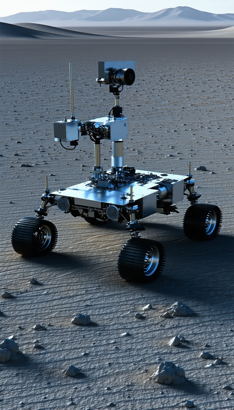 A Large Robotic Vehicle, Possibly A Rover, Sitting On A Rocky Surface