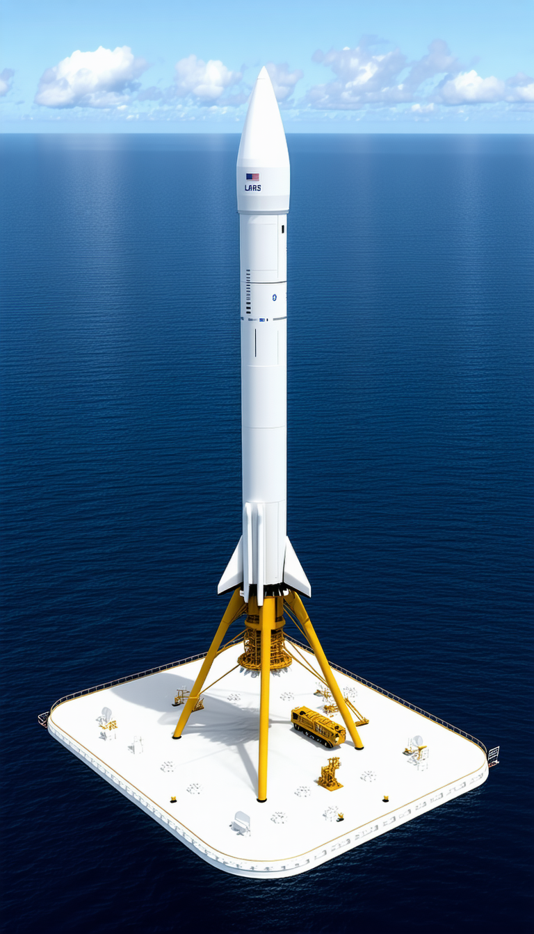 A Large White Rocket Is Sitting On A Platform In The Ocean
