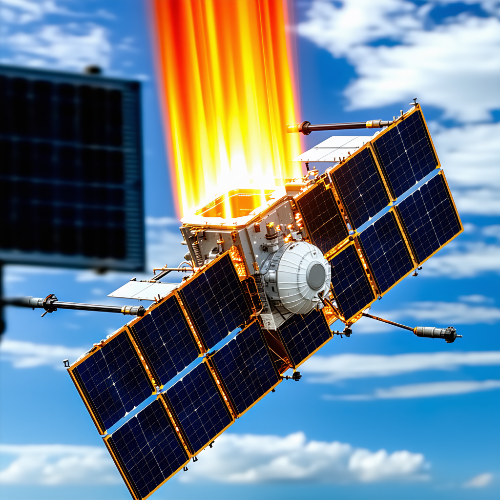 A Spacecraft Is Flying Through The Sky, With A Bright Light Coming From The Front Of The Spacecraft