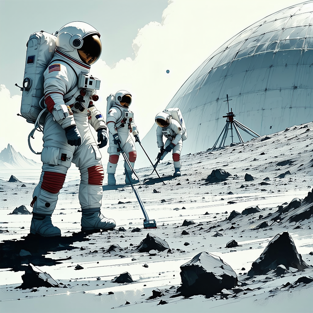 In The Image, There Are Three Astronauts Standing On A Rocky Surface, Possibly On The Moon