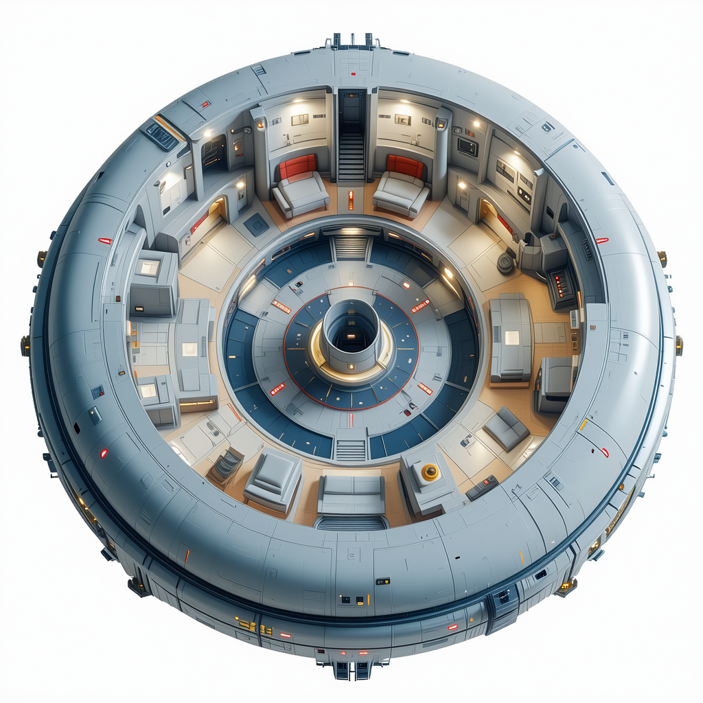 The Image Is A 3d Model Of A Space Station, Showcasing The Interior Layout