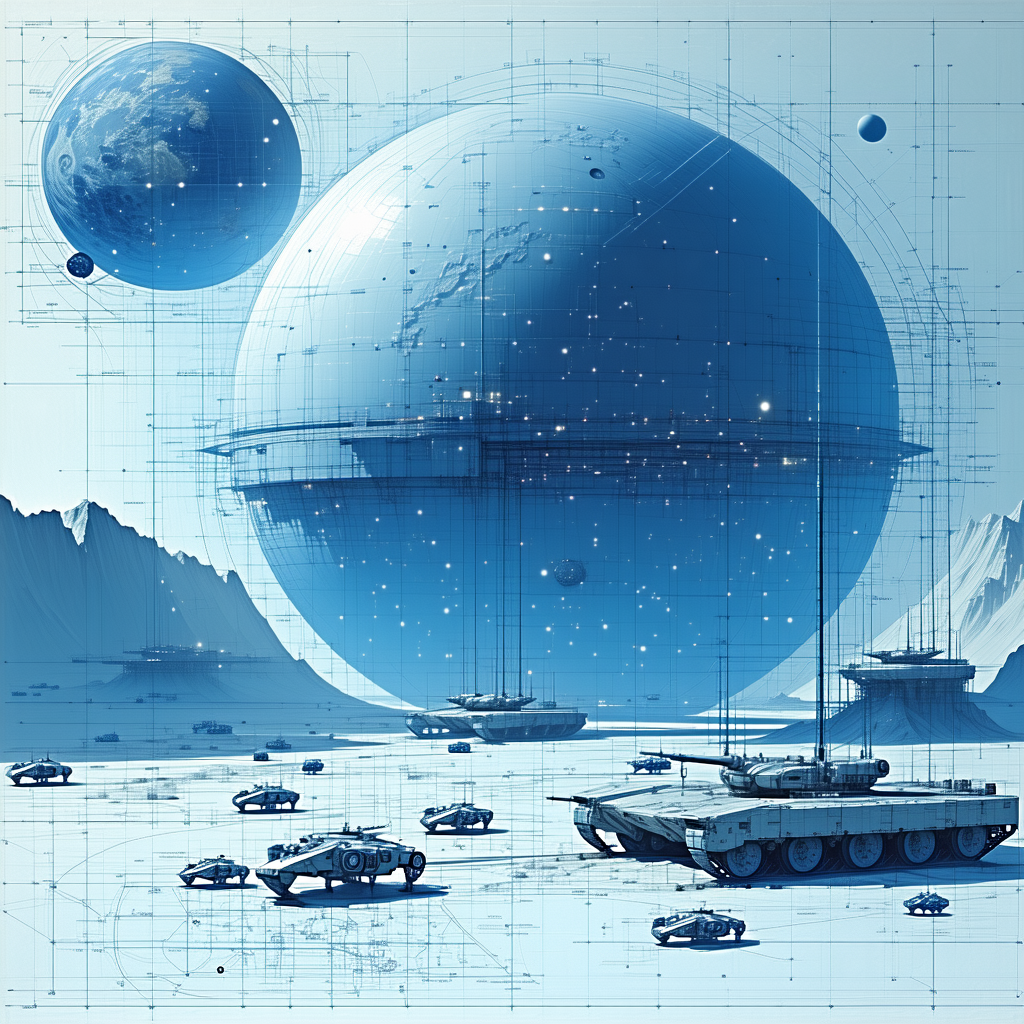 In This Futuristic Scene, A Large Space Station Is Surrounded By Various Vehicles And Spacecraft