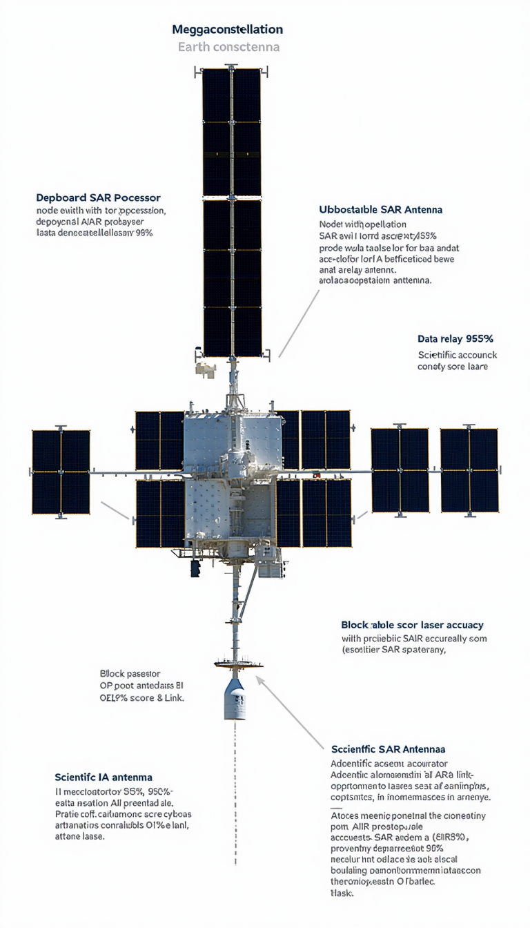 The Image Is A Diagram Of A Spacecraft, Specifically A Satellite, With Various Parts Labeled
