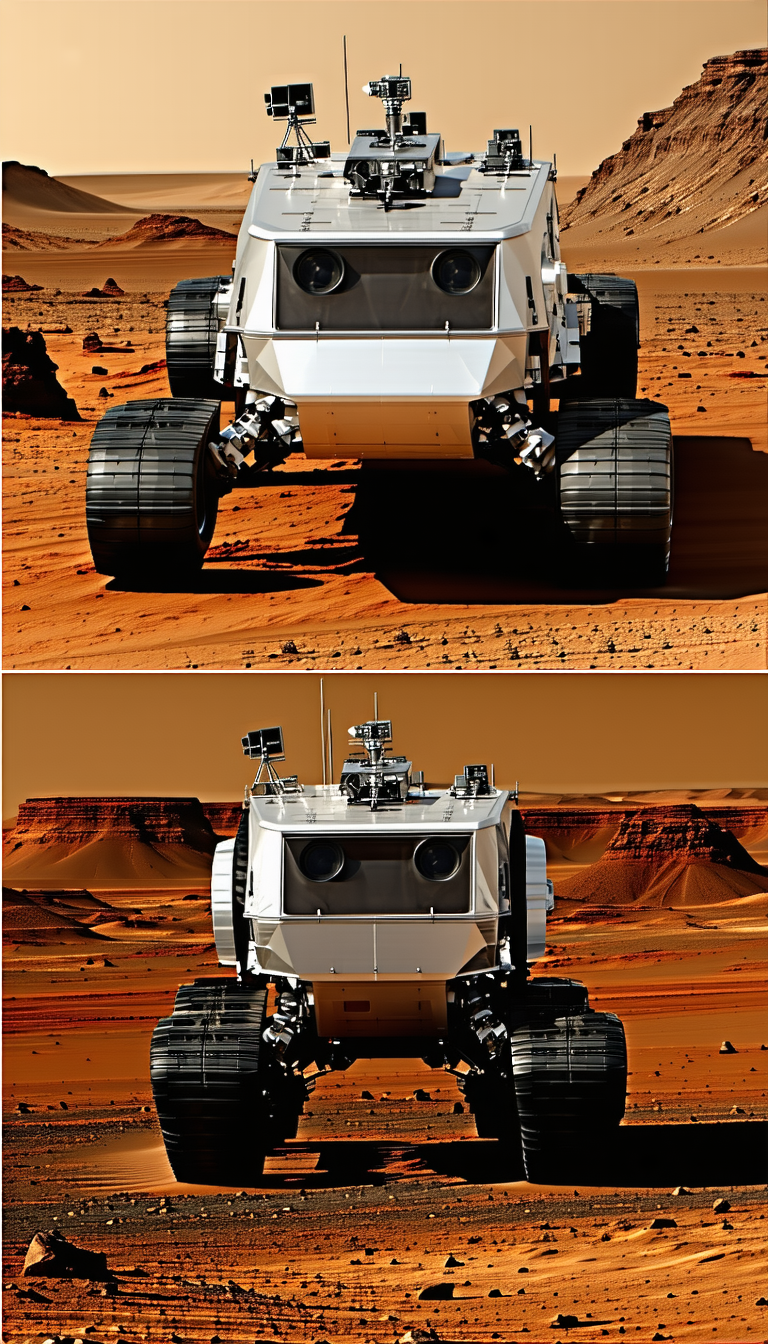 A White Robotic Vehicle With Two Large Wheels, Driving On A Dirt Road