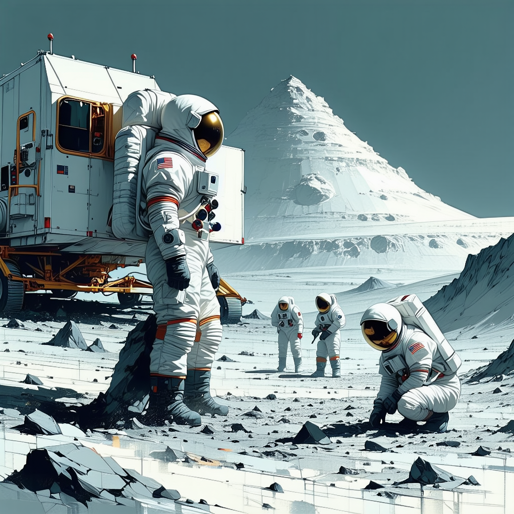 In The Image, There Are Four Astronauts Standing On A Rocky Surface, Possibly On The Moon