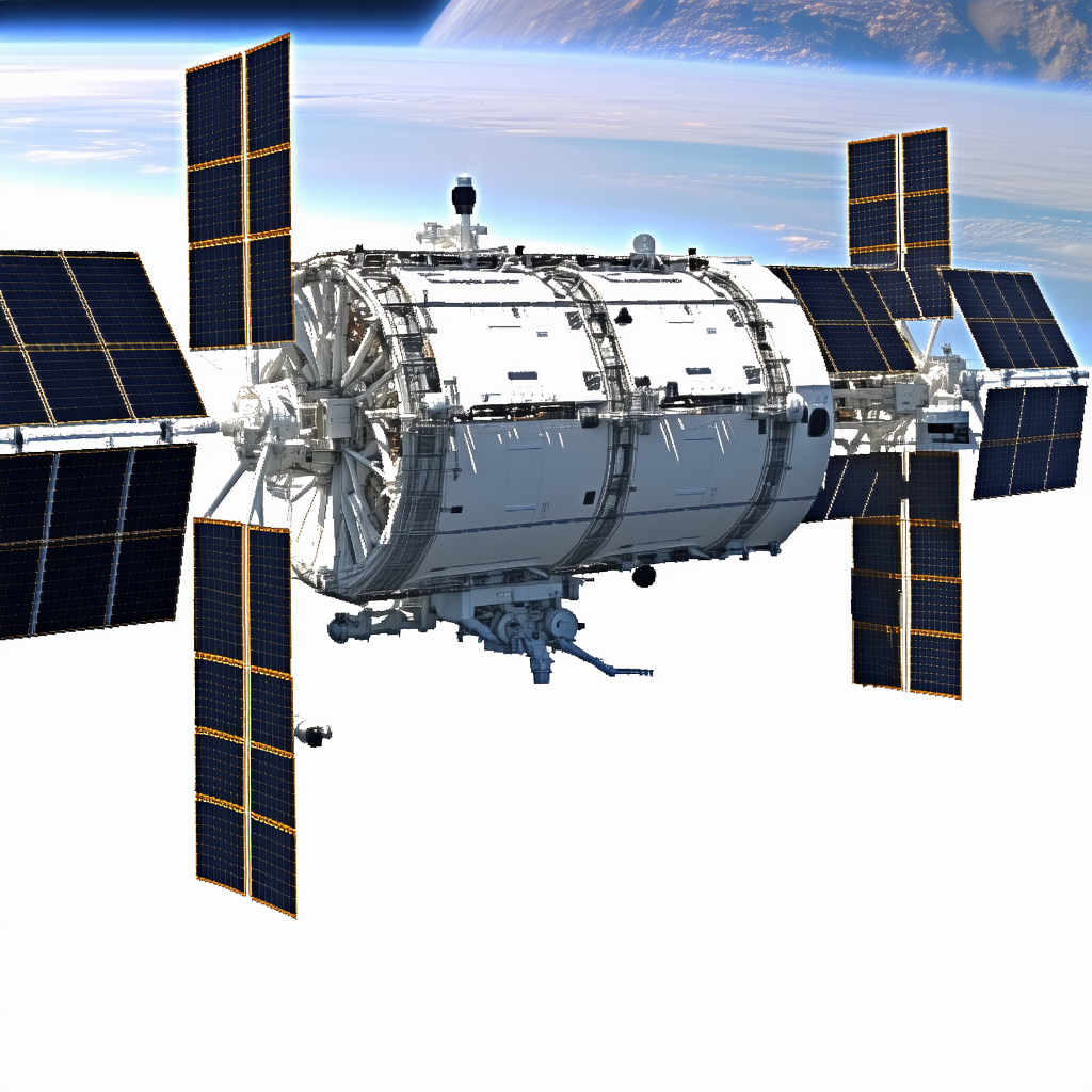 A Large Spacecraft Is Flying Through The Air, With A Large Dome On Top