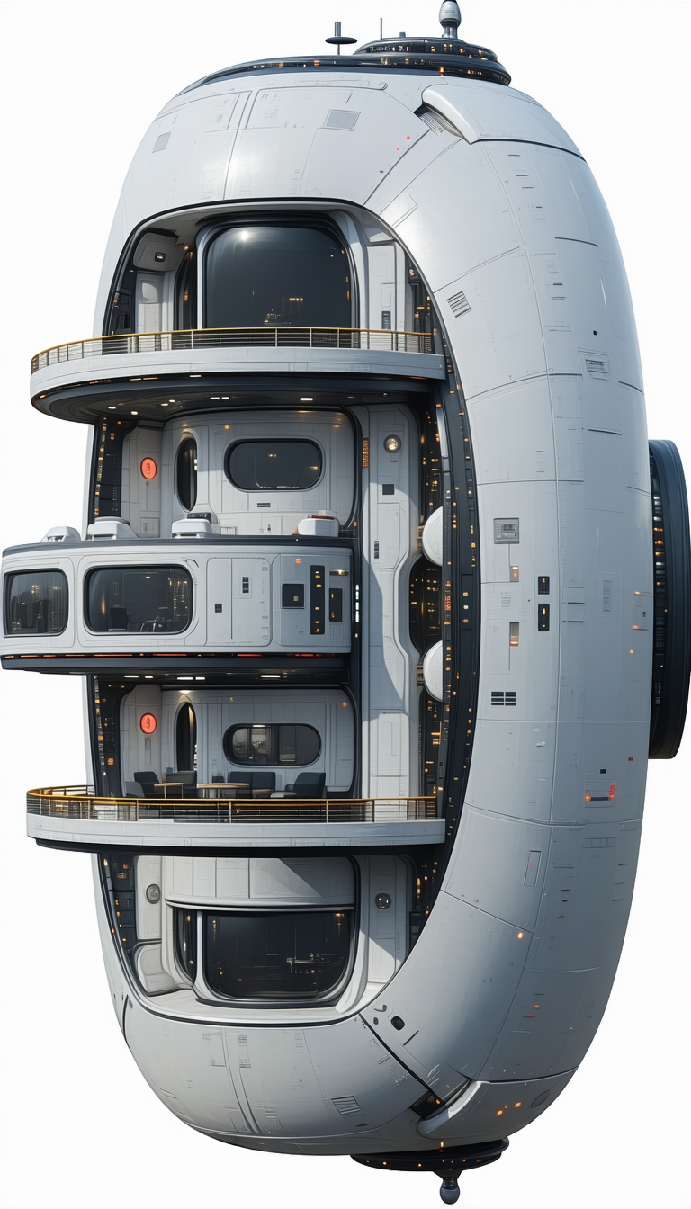 A Large White Spacecraft Is Shown In A Three-dimensional View