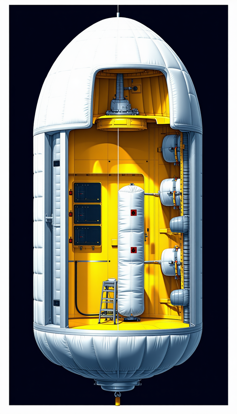 A Large, Yellow Spacecraft Is Shown In A Drawing, With A White And Yellow Color Scheme