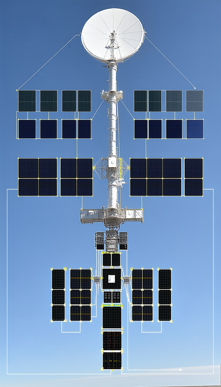 A Large Satellite Dish With A Number Of Solar Panels Attached To It