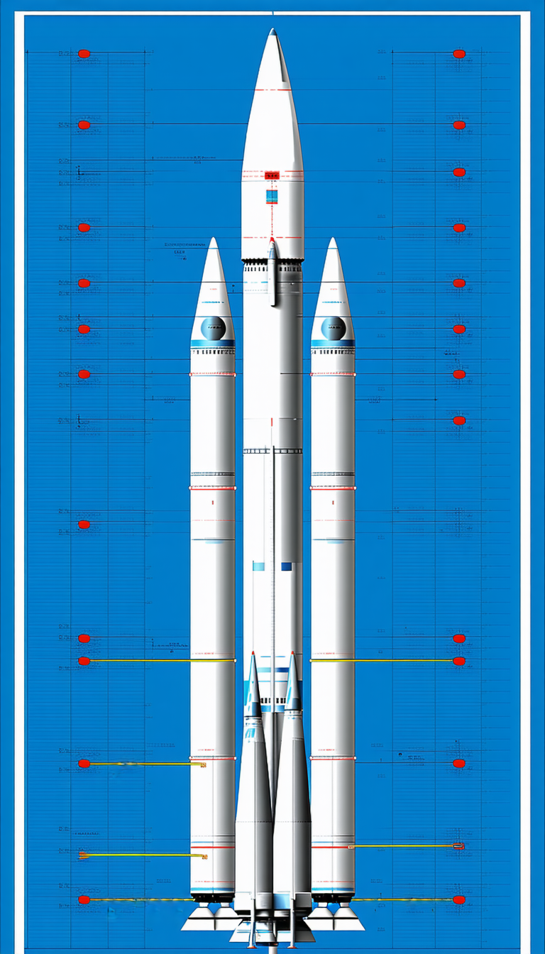 A Large Rocket Is Shown In A Blue Background, With A Smaller Rocket Next To It