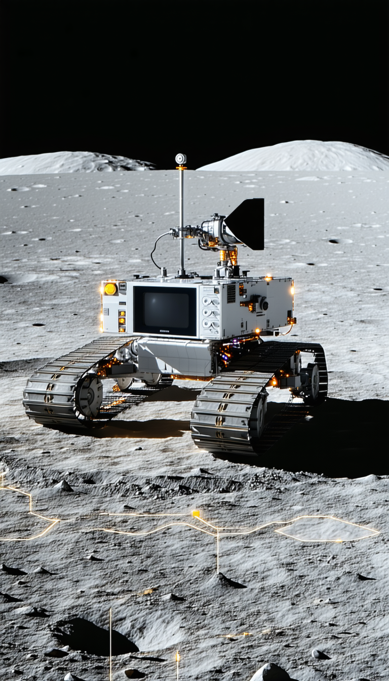 A White Robotic Vehicle, Possibly A Rover, Sitting On A Rocky Surface