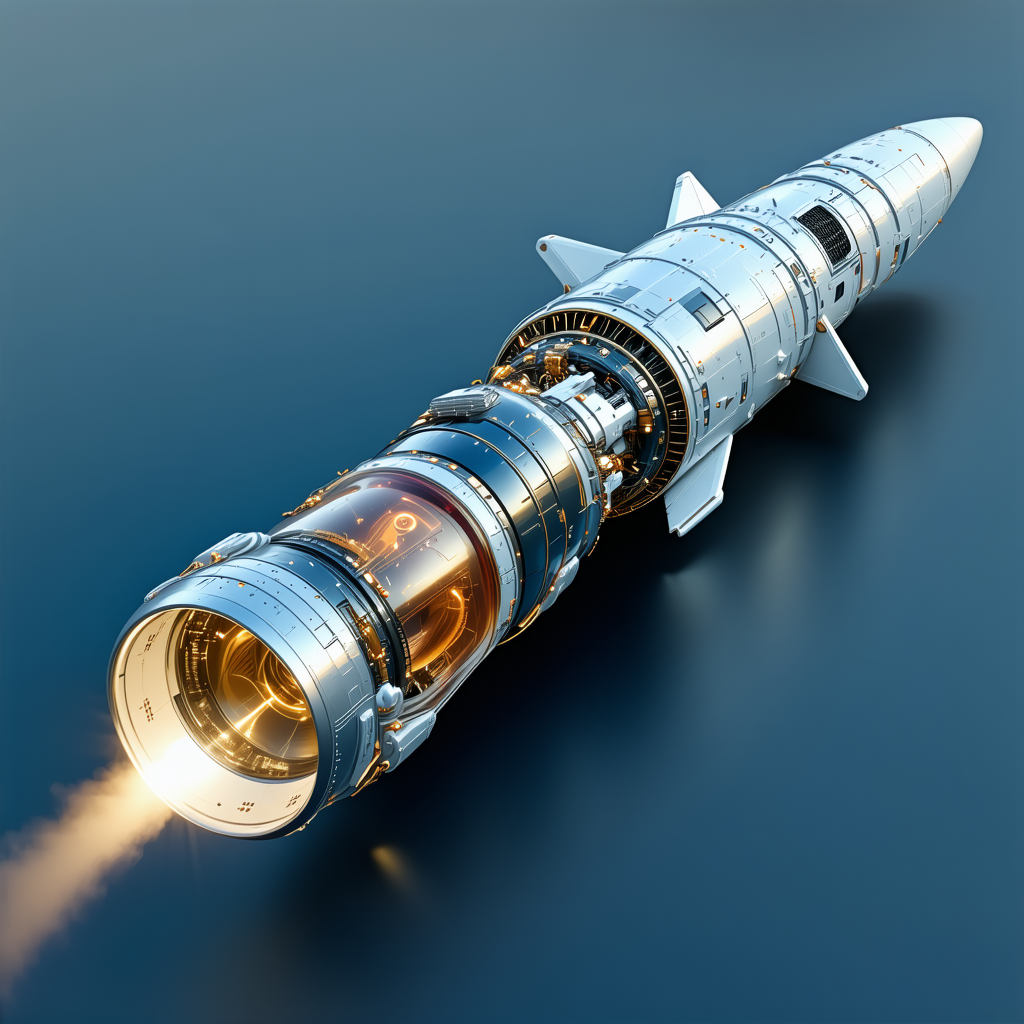 A Rocket Is Shown In A Close-up View, With Its Engine And Fuel System Visible