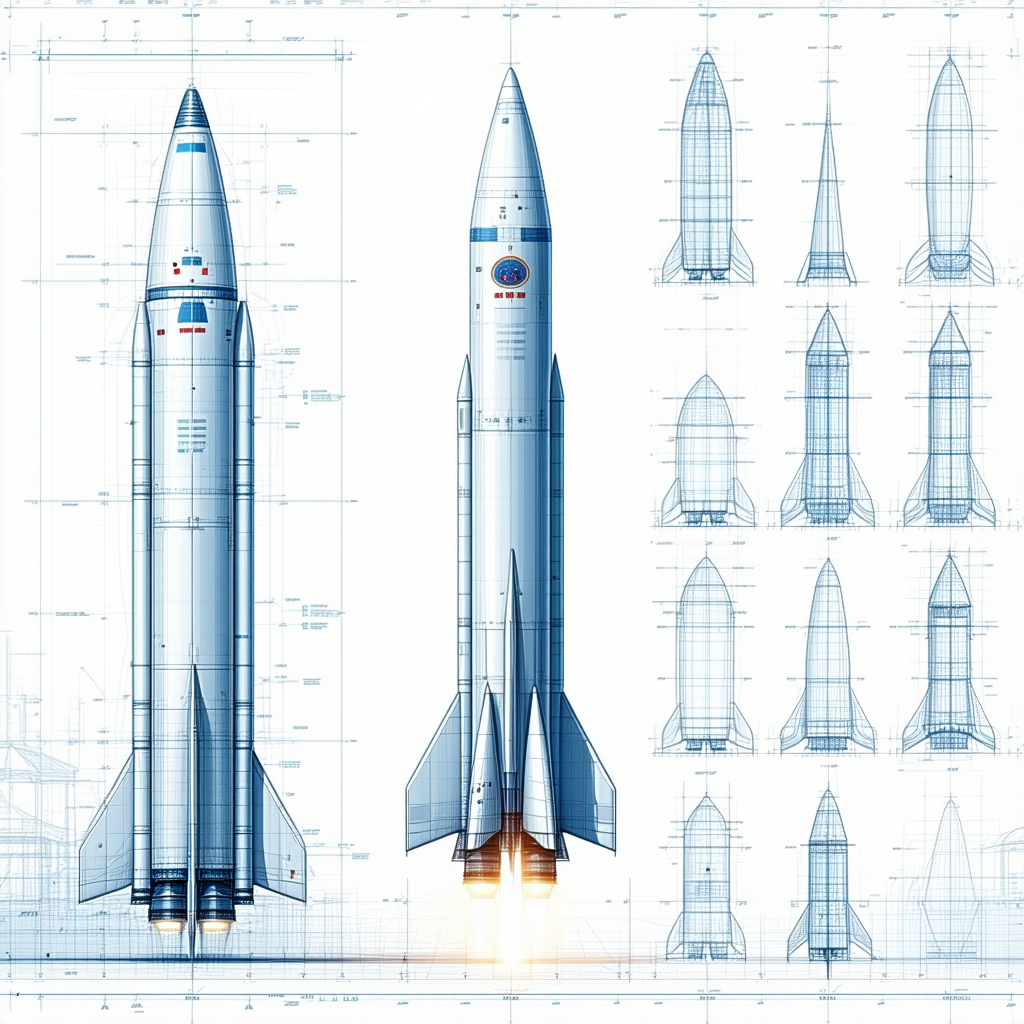 A Space Shuttle Is Shown In A Blue And White Drawing, With A Rocket Ship In The Foreground