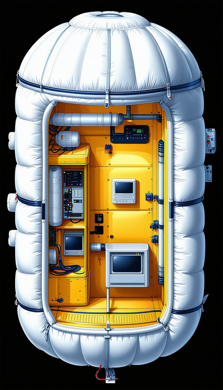 In The Image, There Is A Large, Yellow, And White Spacecraft With A Hollowed-out Center