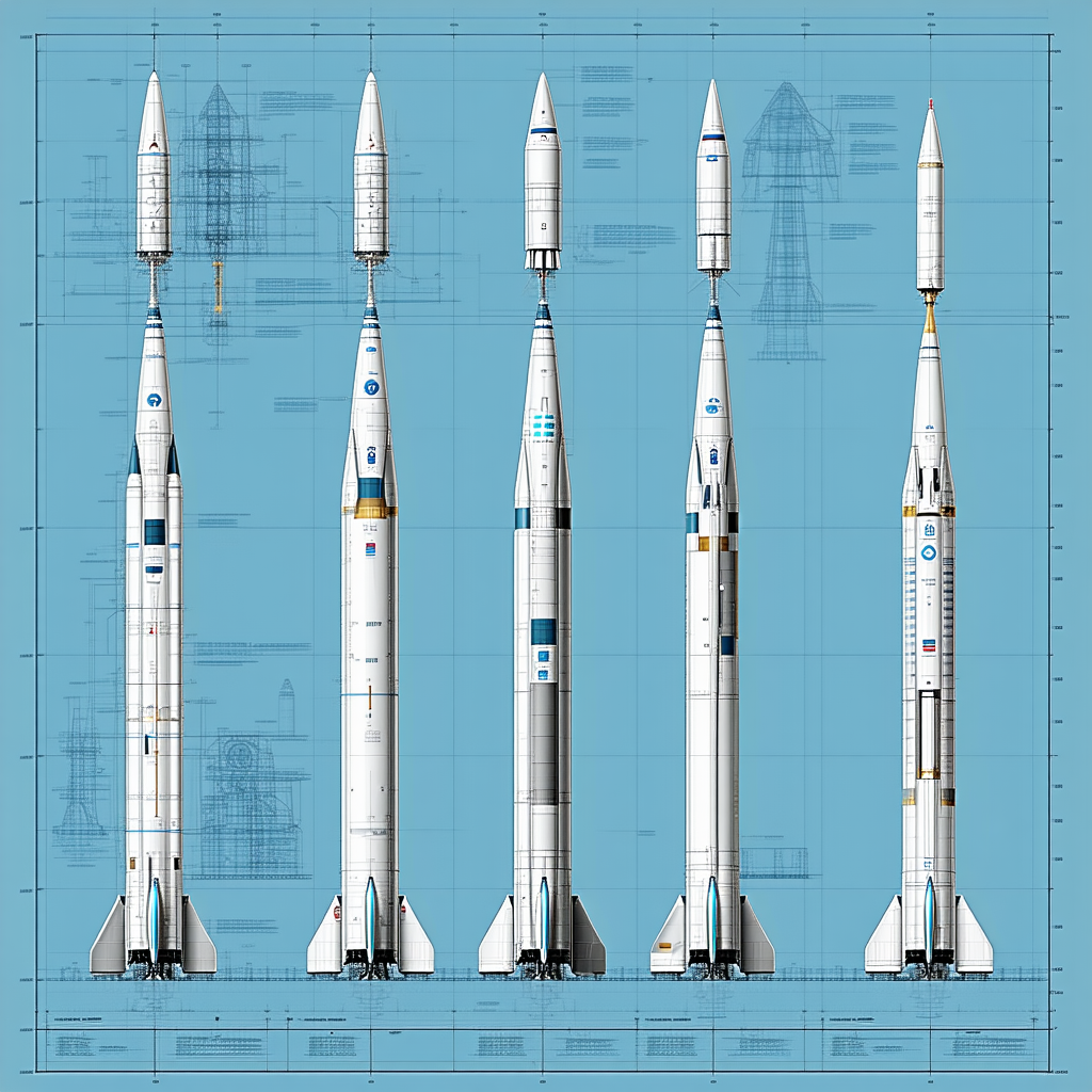 A Series Of Three White Rockets, Each With A Different Design, Lined Up Next To Each Other
