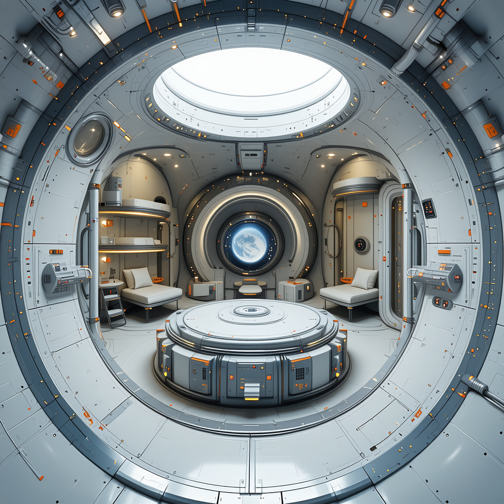 In This Image, There Is A Large, Futuristic Spacecraft With A Round Window In The Center