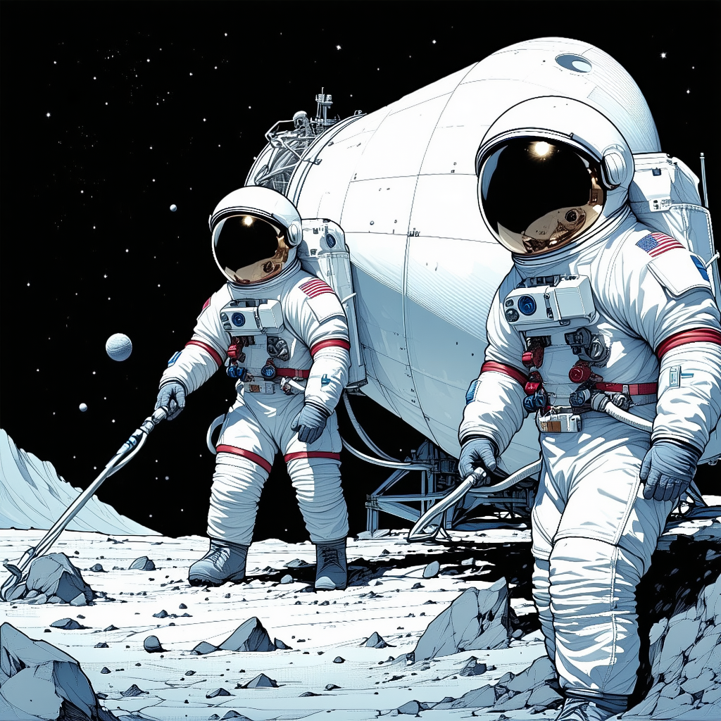 In The Image, There Are Two Astronauts Standing On The Moon, Each Holding A Tool