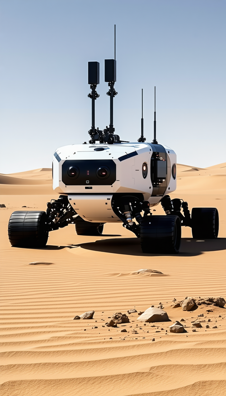 A White Robot Is Driving Across A Sandy Desert