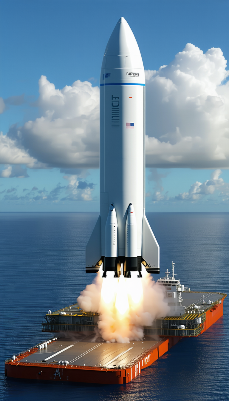 A Large White Rocket Ship, Likely A Space Shuttle, Flying Over The Ocean