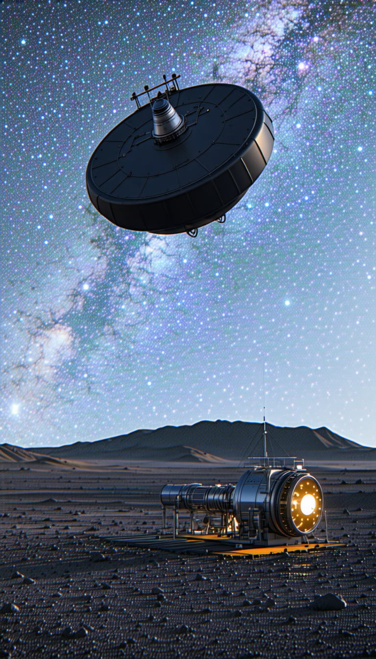 In The Image, There Is A Large, Round, Metallic Object Floating In The Sky
