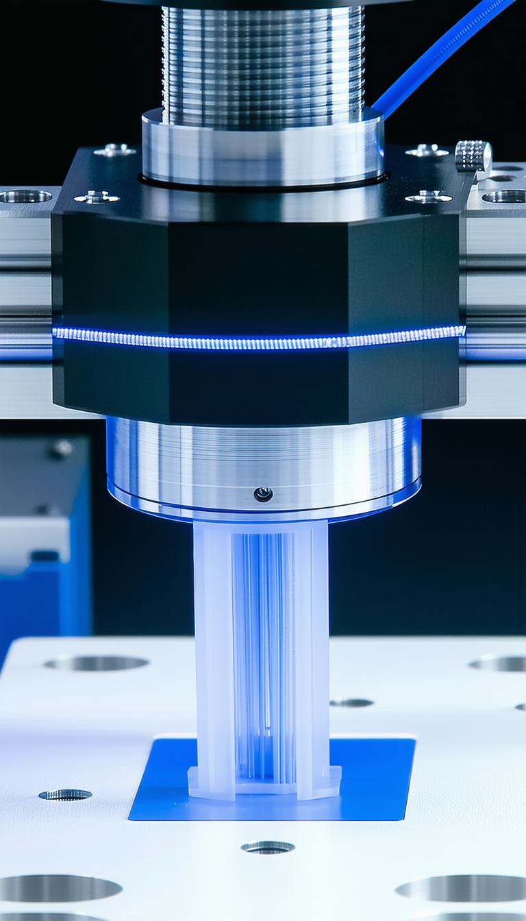 A Large, Silver Machine With A Blue Light On Top Of It