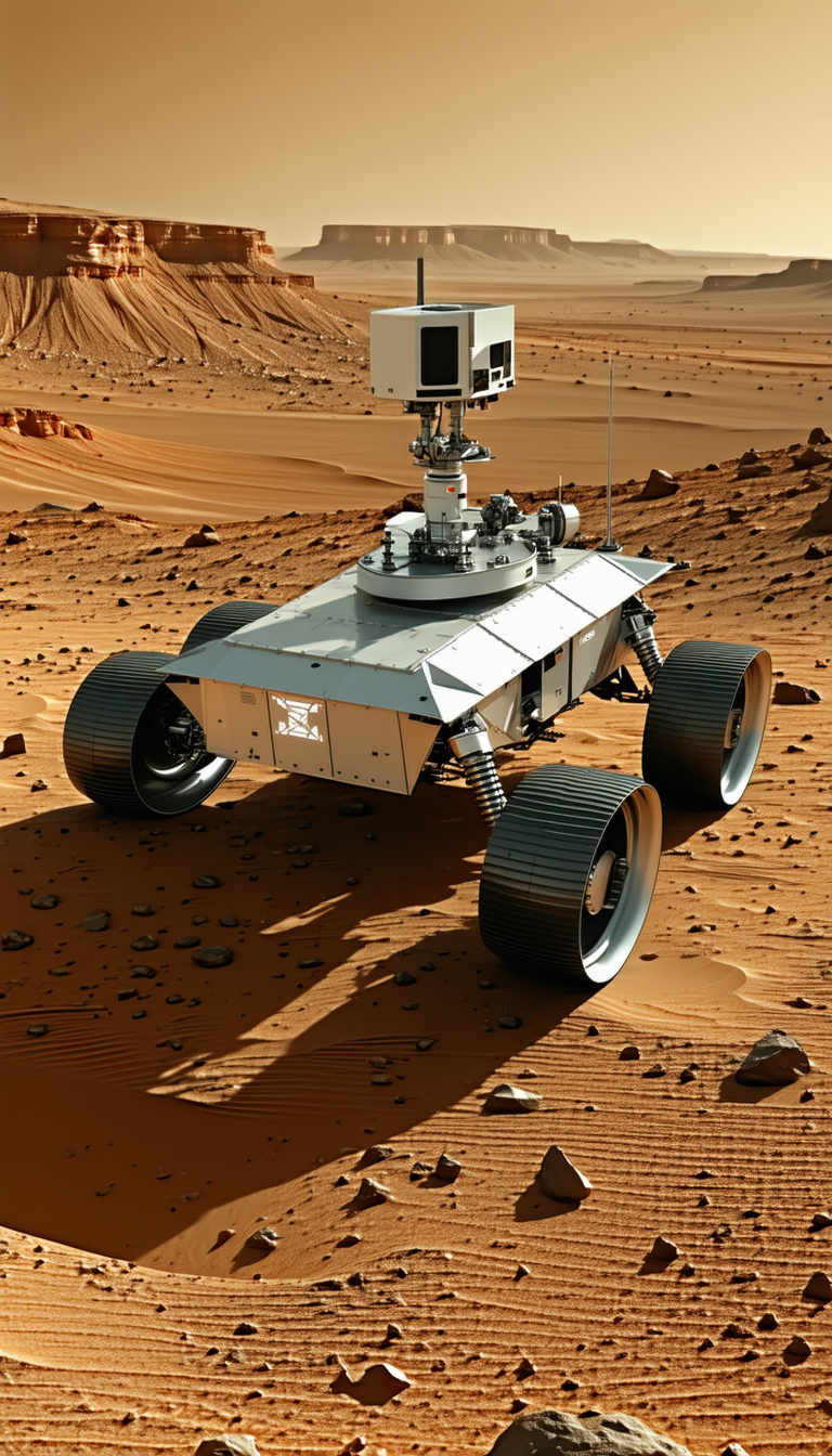A Robotic Vehicle Is Sitting On A Dirt Surface, Possibly A Desert