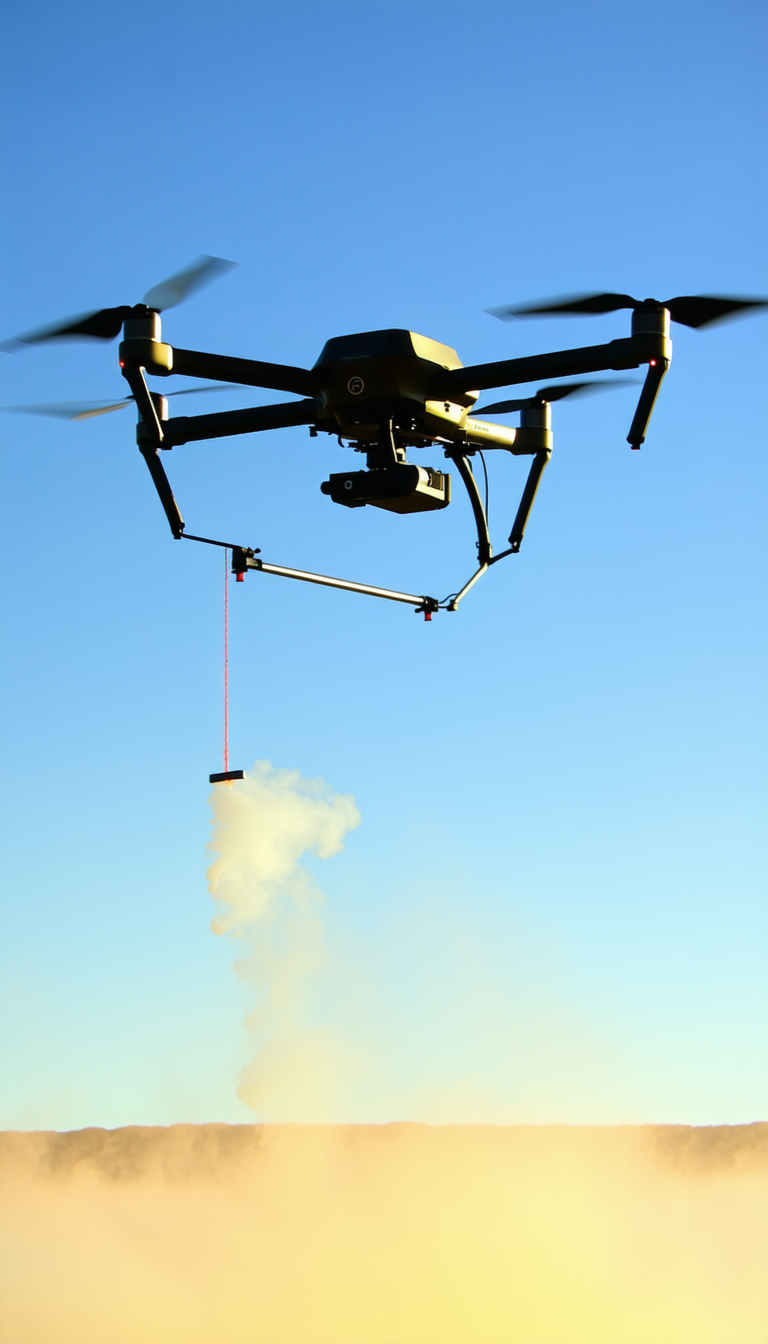 A Large Drone Is Flying In The Sky, With A Rope Trailing Behind It