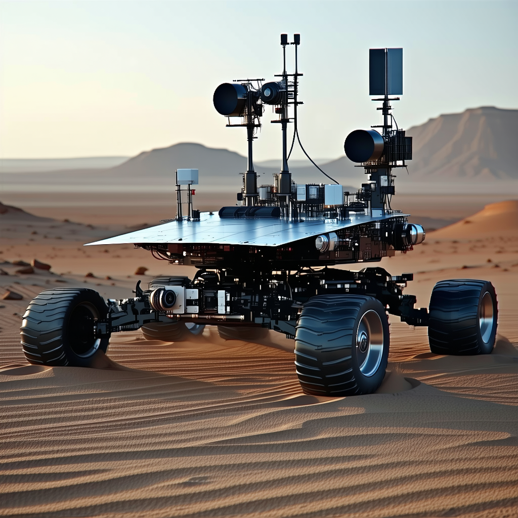 A Large Robotic Vehicle, Possibly A Rover, Sitting On A Sandy Surface