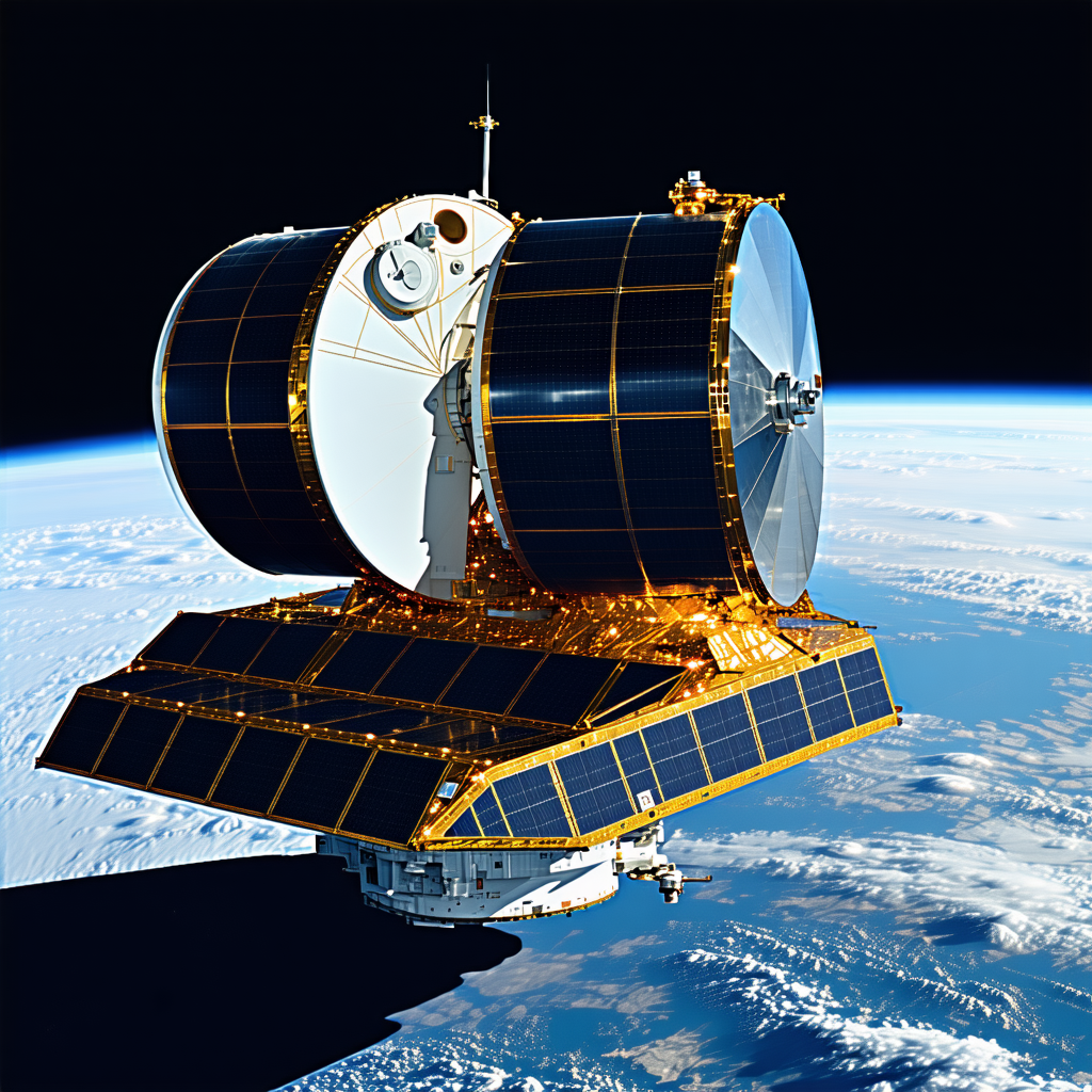 A Spacecraft Is Flying Through The Sky, With A Large Satellite Dish On The Bottom Of The Spacecraft