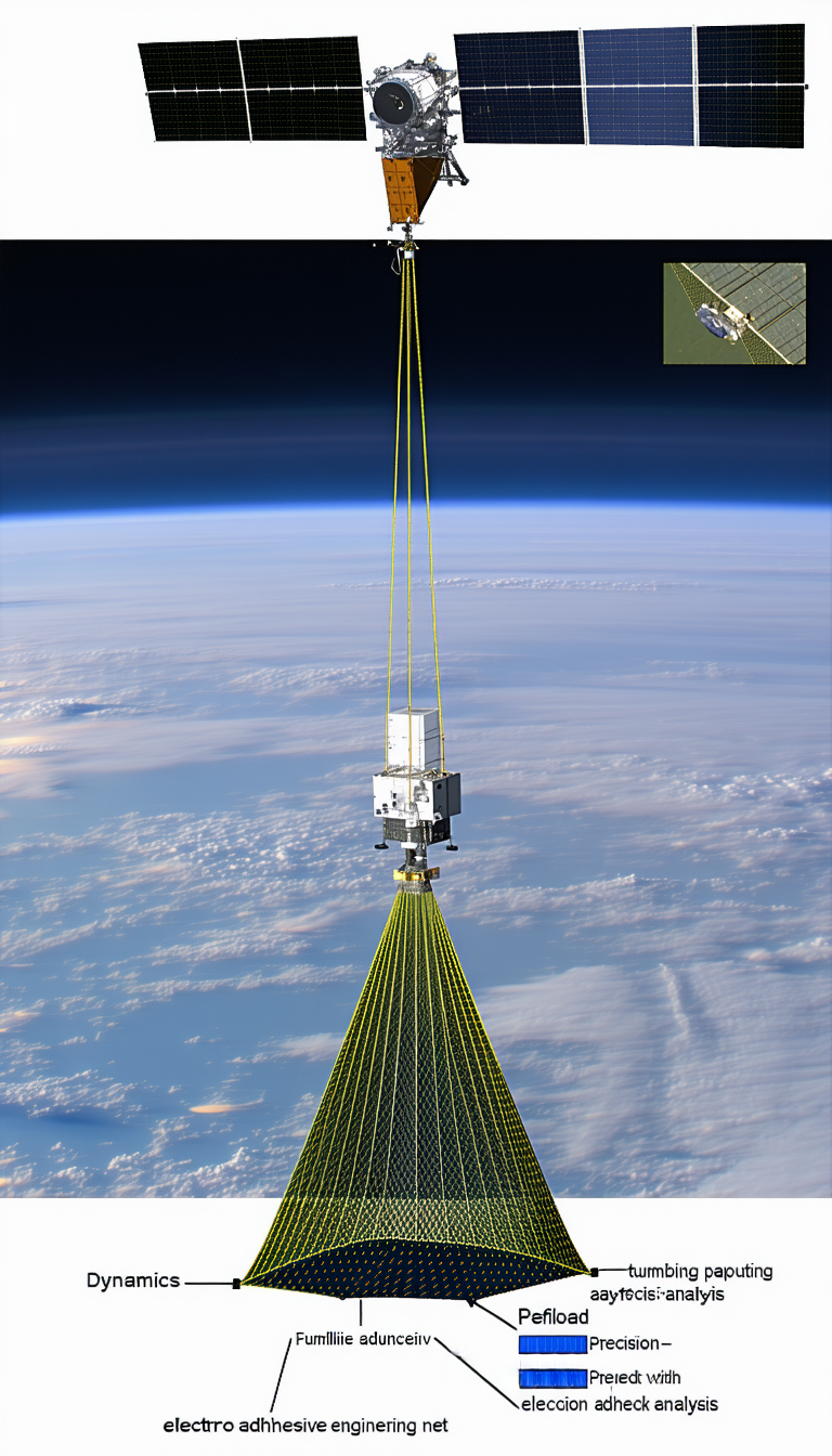 A Space Station Floating In The Sky, With A Long Yellow Cable Extending From It