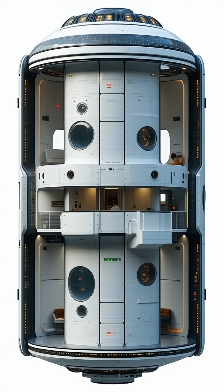 A Large White Spacecraft Is Shown In A Three-dimensional View