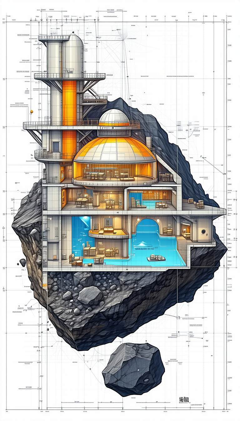 A Large, Modern House Is Depicted In A Drawing, With A Large Rock In The Foreground