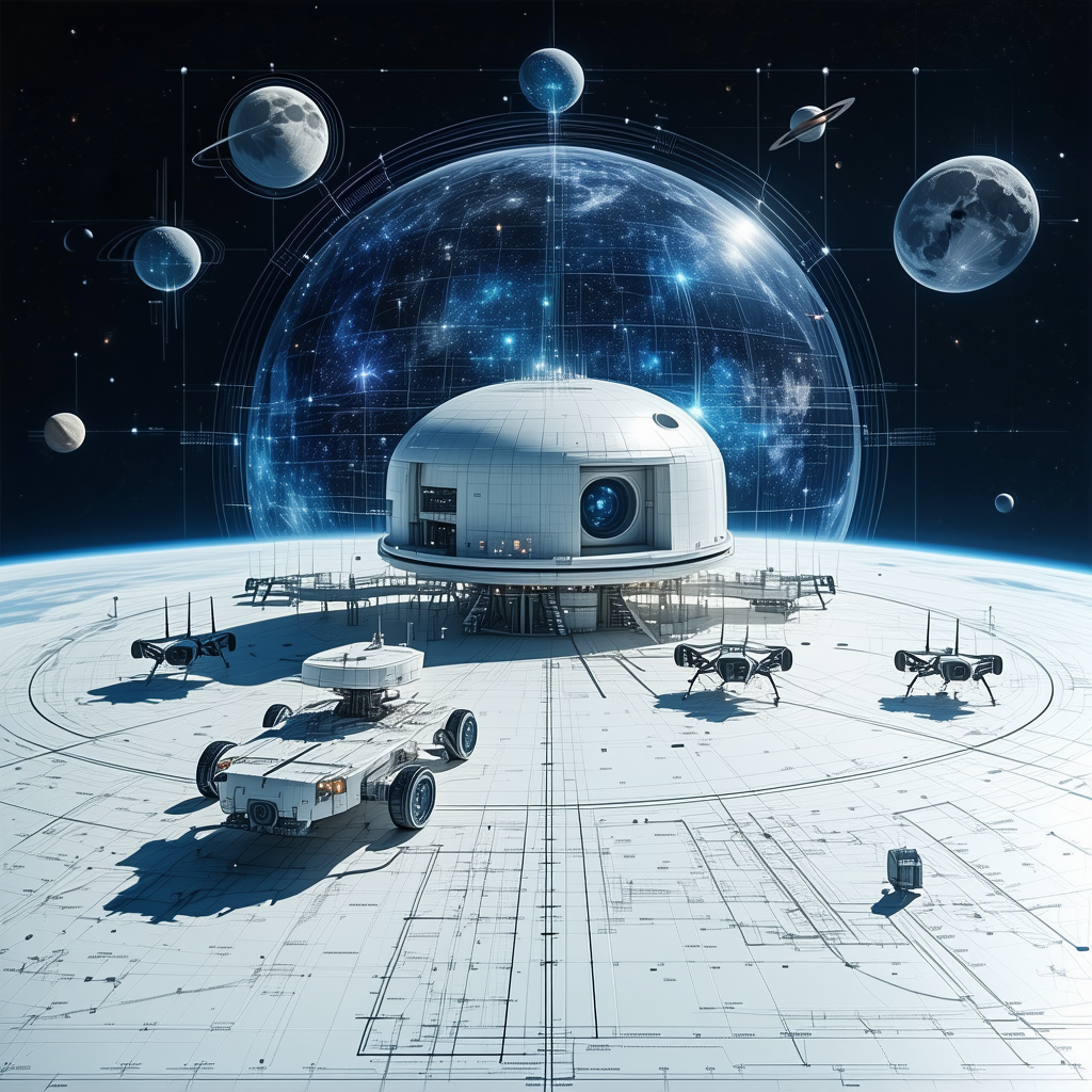 In This Image, There Is A Large White Space Station With A Dome-shaped Structure