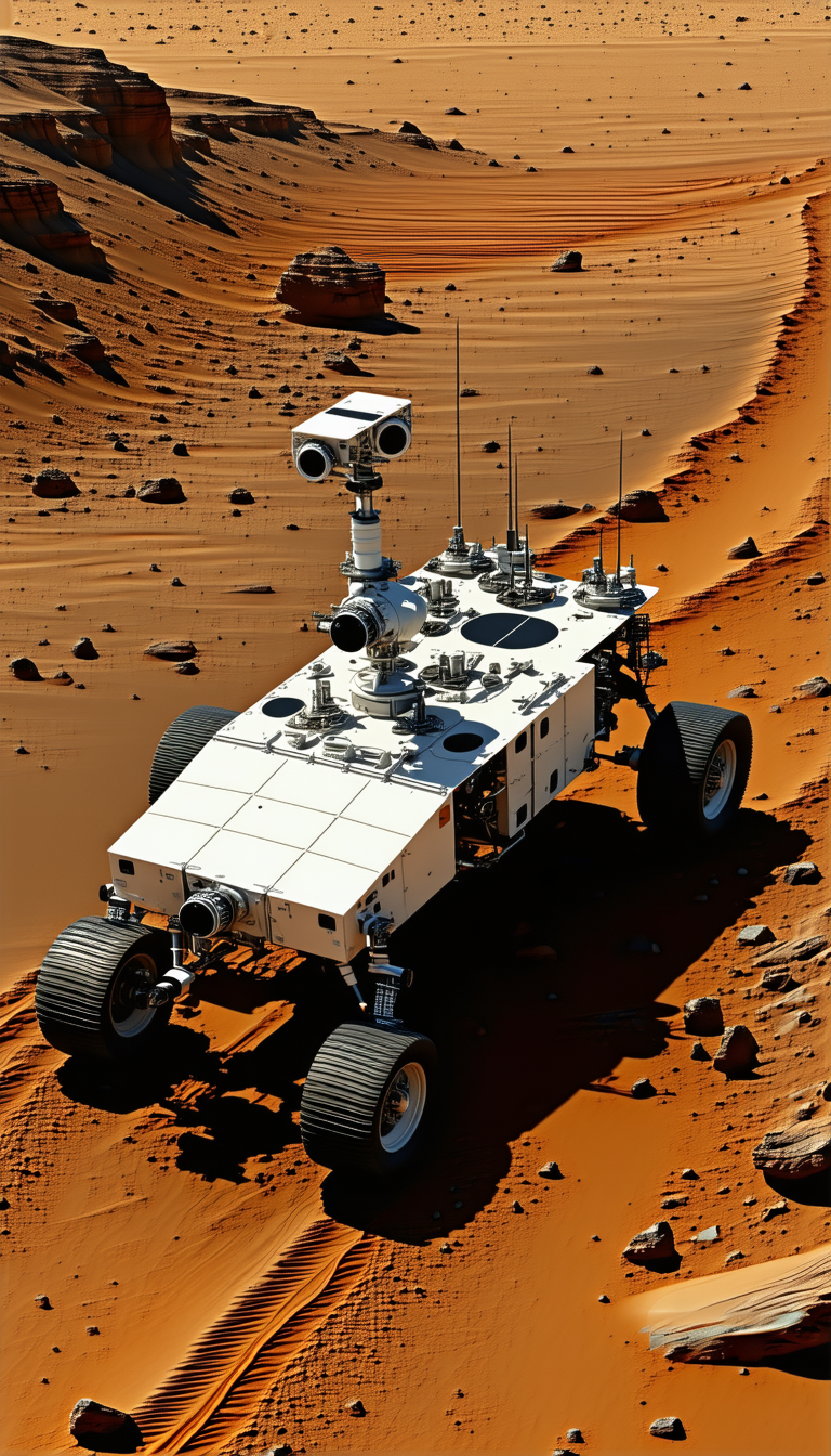 A White And Silver Robotic Vehicle, Possibly A Rover, Parked On A Red Dirt Surface