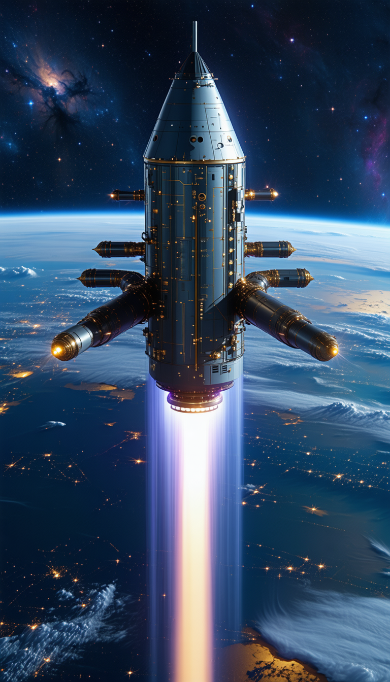 A Space Shuttle Is Shown In A Close-up View, With Its Engines Lit Up
