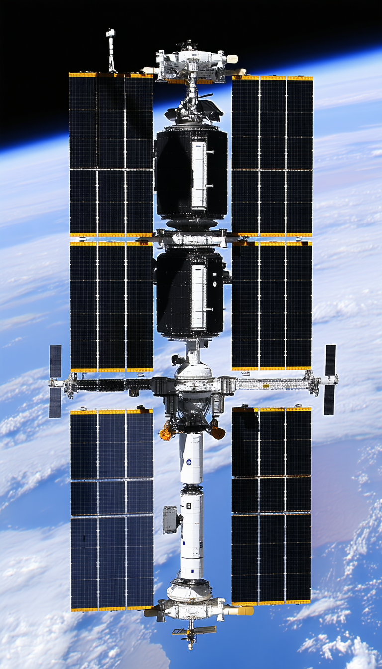 A Large Spacecraft With A Long, Black, And Yellow Tail