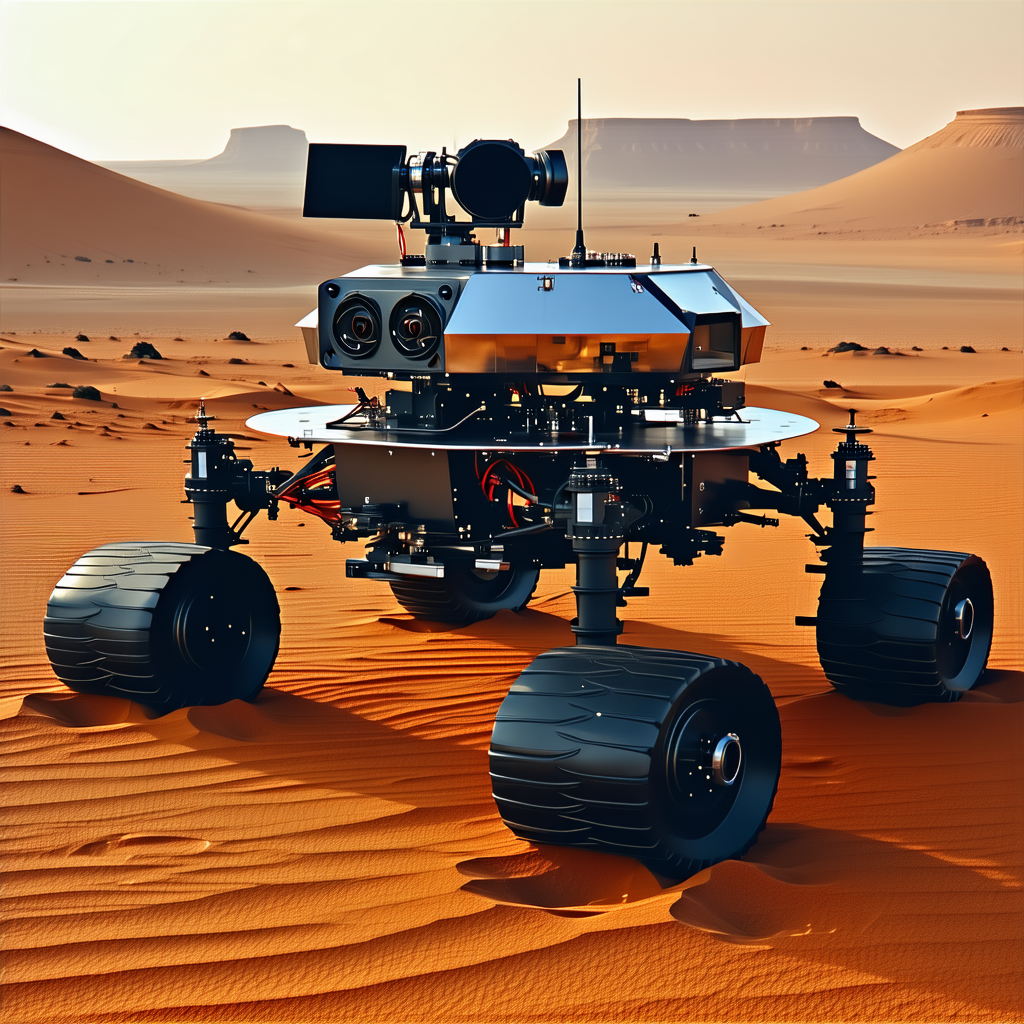 A Large Robotic Vehicle, Possibly A Tank, Sitting On A Sandy Surface