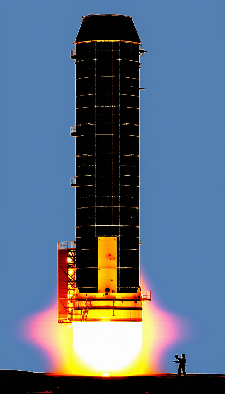 A Large, Tall Tower With A Bright Orange Light At The Top