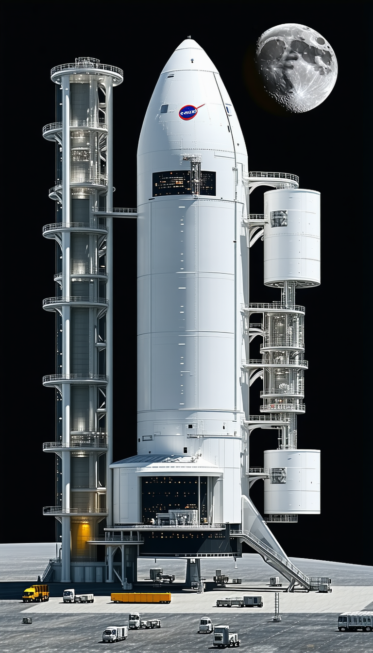 A Large White Rocket Is Shown In A Dark Room, With A Bright Light Illuminating The Rocket