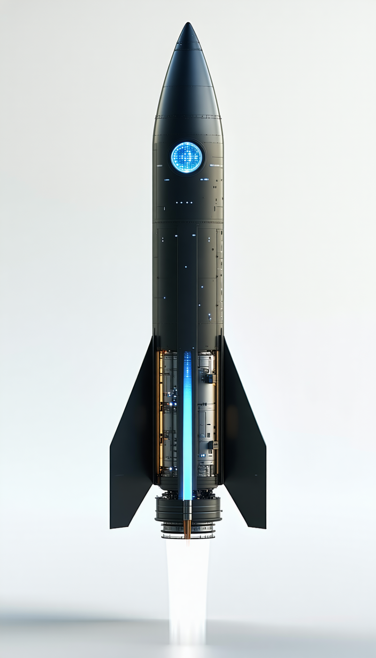 A Large Black Rocket Ship Is Displayed In A White Room