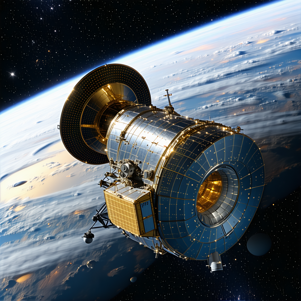 A Spacecraft With A Large Dome On Top, Flying Through The Vast Expanse Of Space