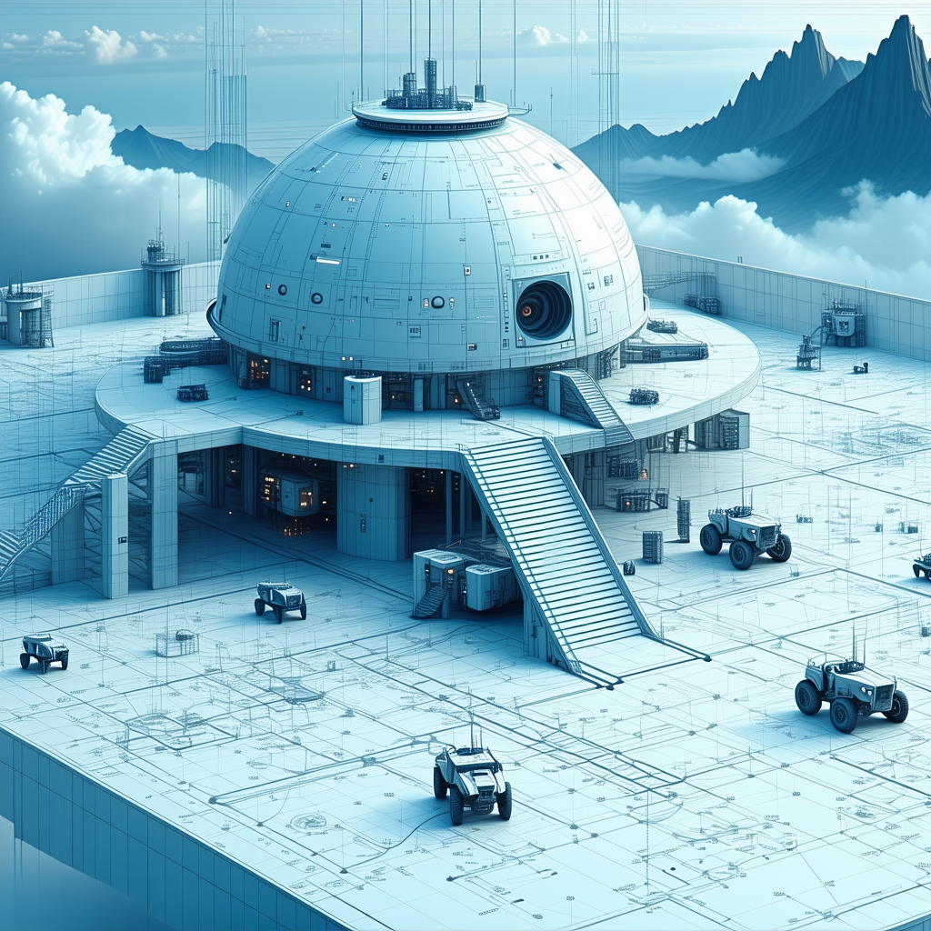A Futuristic Building With A Large Dome On Top Is Depicted In A Blue And White Color Scheme