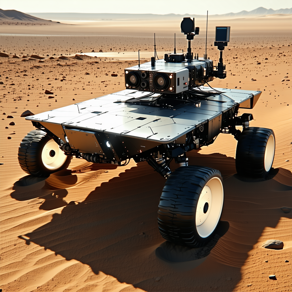 A Robotic Vehicle Is Sitting On A Sandy Surface, Possibly A Desert