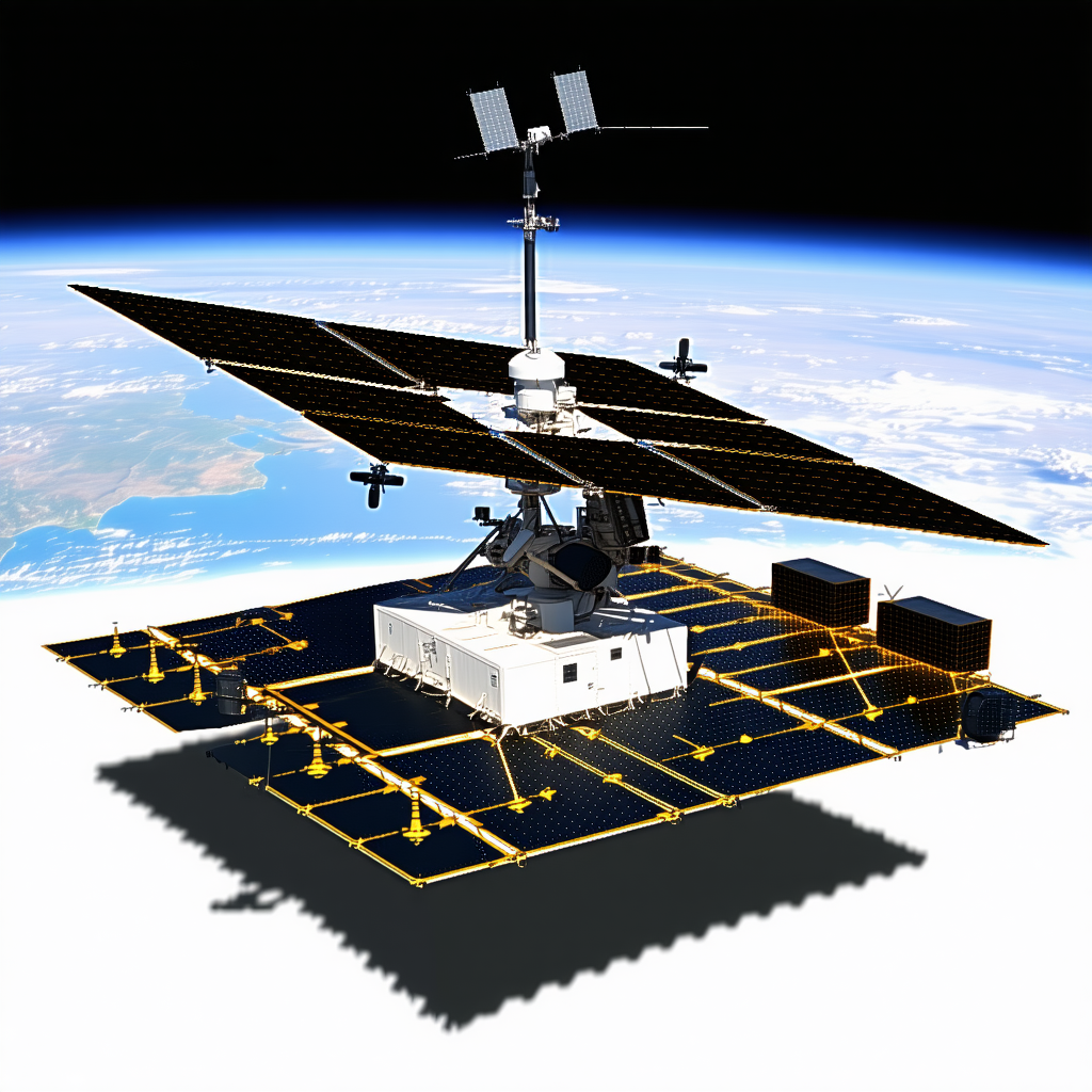 A Large Satellite Is Floating In The Air, With A Large Dish On Top